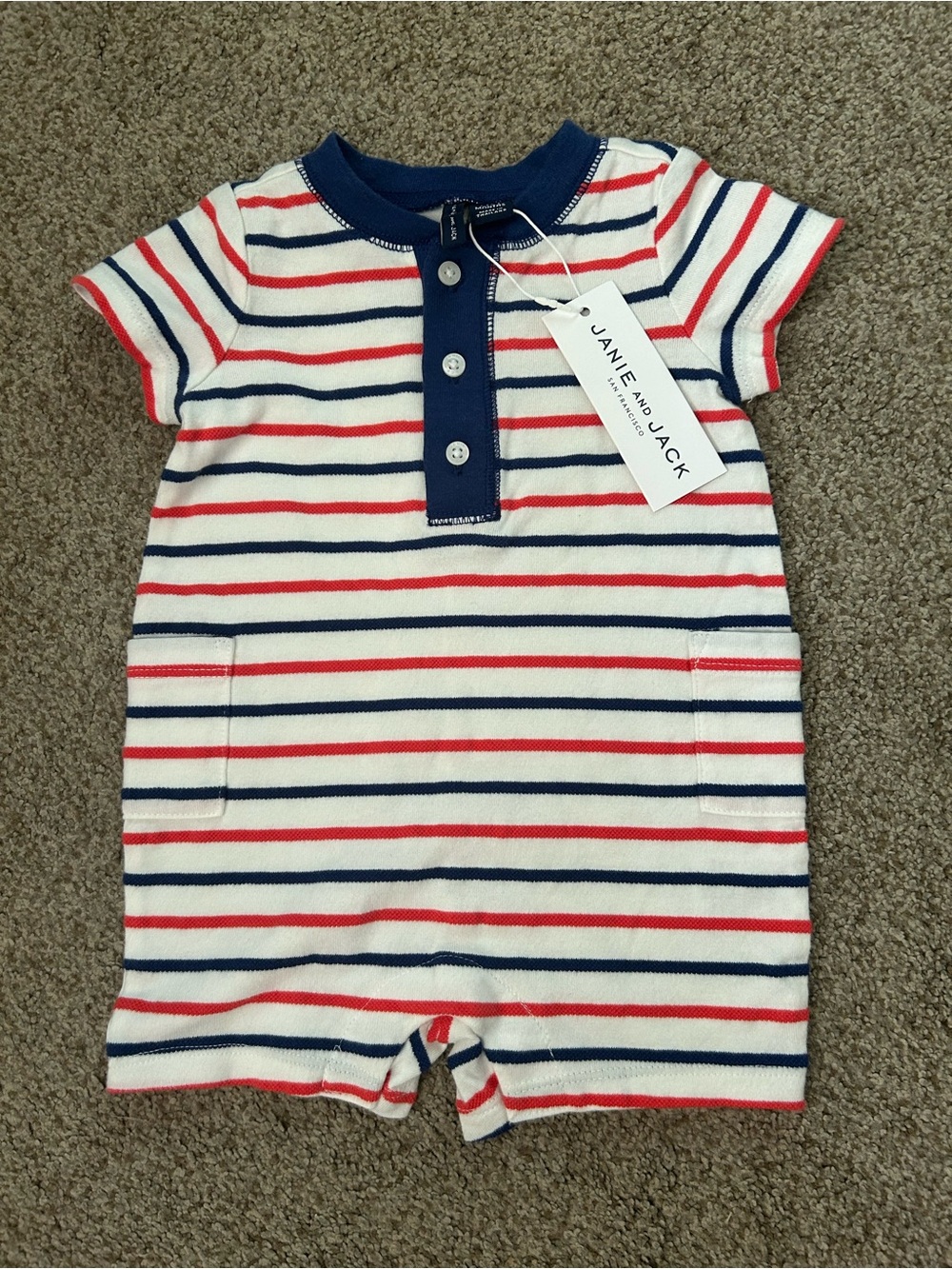 Janie and Jack Cream Navy Red Striped Short-Sleeve Romper